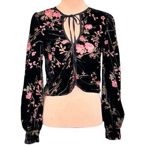 Boho Burntout Velvet Floral Crop Top Blouse Sz.S Black Bishop Sleeve Fairy Goth